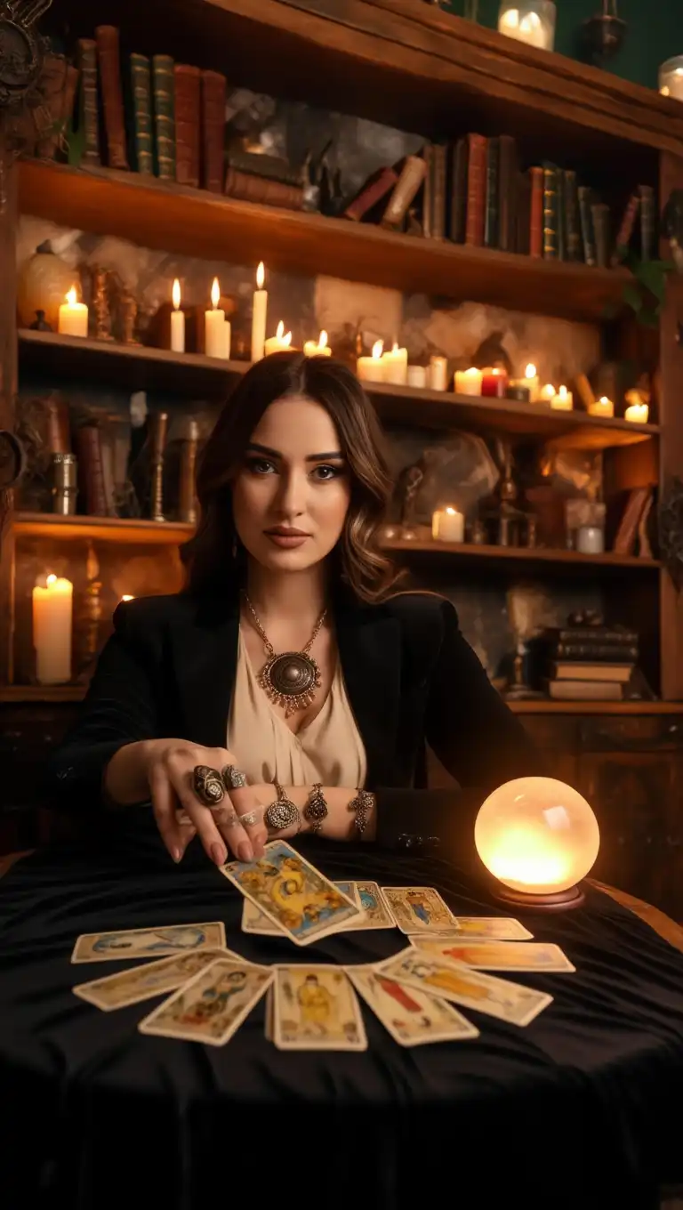 Обряд гадания на Таро — гадалка проводит эзотерический ритуал при свечах
