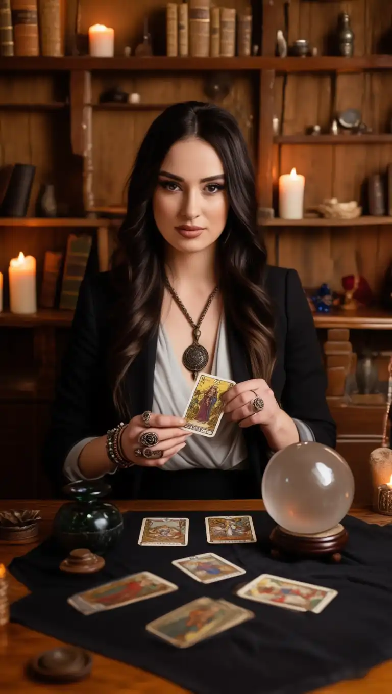 Обряд гадания на Таро — гадалка проводит эзотерический ритуал при свечах