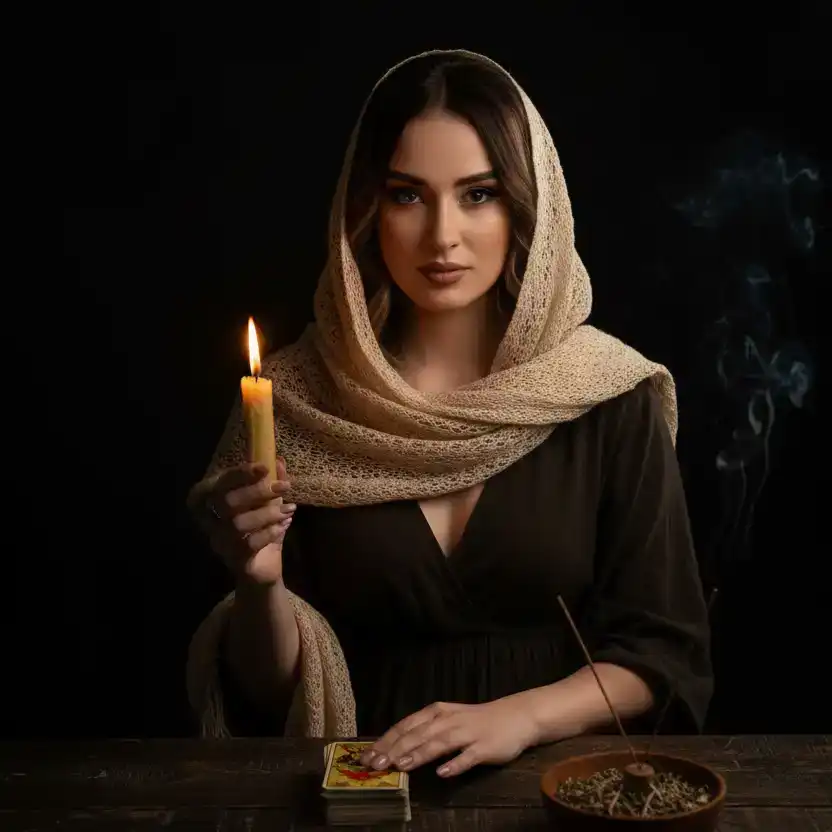 Обряд гадания на Таро — гадалка проводит эзотерический ритуал при свечах